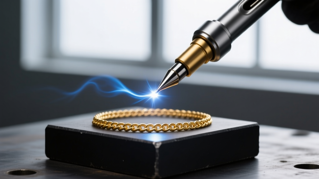 Pulse arc welder pen with tungsten electrode hovering over a 14k gold rope chain on a dark welding block in a bright studio.