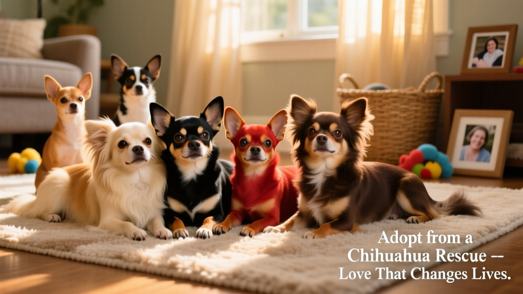 A diverse group of friendly, well-socialized Chihuahua rescue dogs of different coat types and colors resting together on a sunlit rug