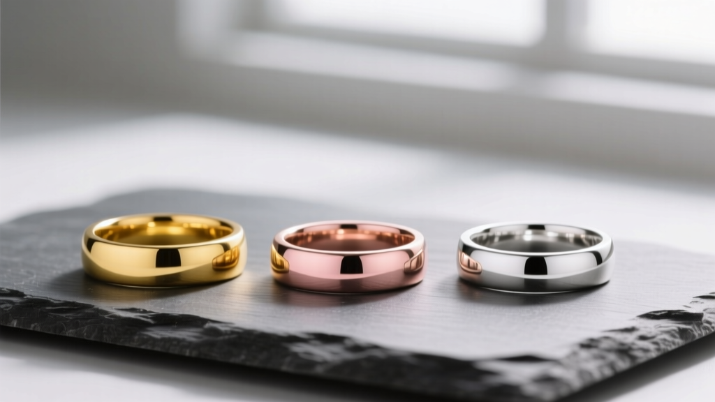 Yellow, rose, and white gold rings on slate showing distinct alloy colors, polished finishes, and subtle studio light reflections