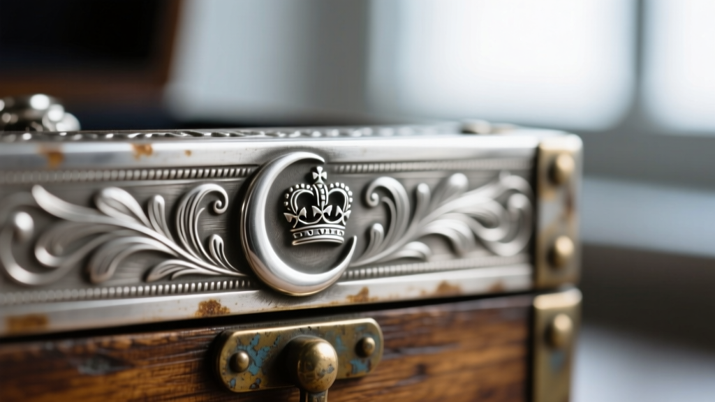 Macro close-up of German silver hallmarks on an antique jewelry box rim, showing crescent moon and crown maker marks.