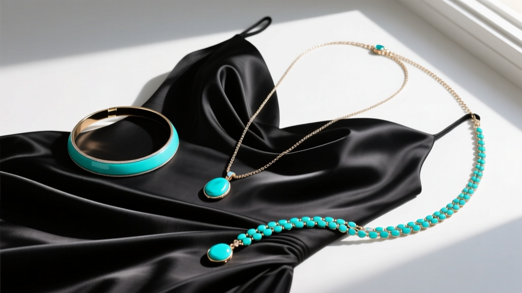 Flat lay of three turquoise necklaces, a 14-inch choker, 18-inch pendant, and 24-inch lariat, resting on a draped black evening gown.