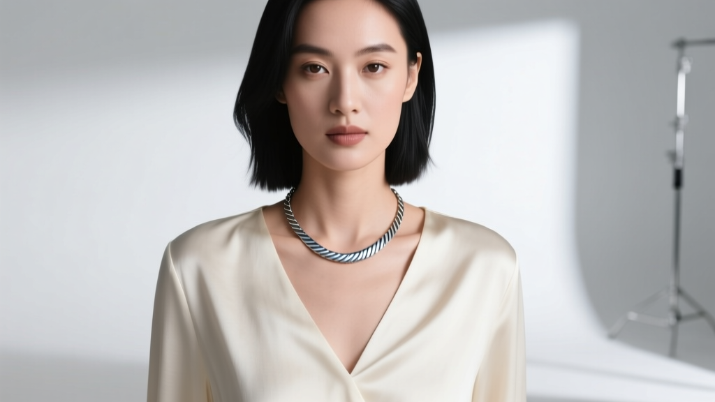 Woman wearing a 4mm sardine necklace over a cream silk V-neck blouse, showing the flat chain's flush fit against her collarbone.