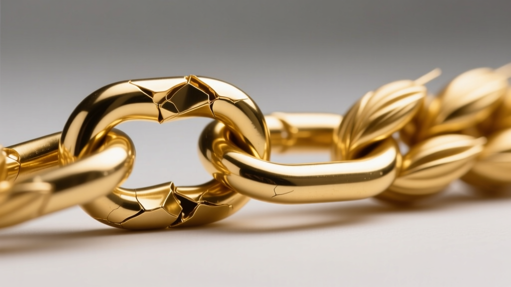 Macro view of a crushed hollow gold wheat chain link next to a pristine solid gold wheat chain link under bright studio lighting.