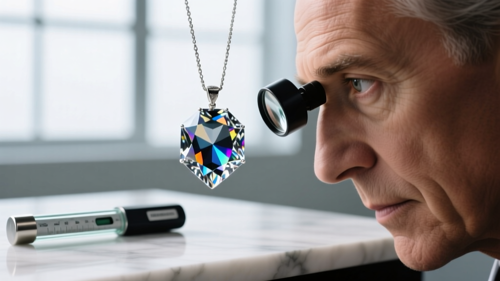 Close-up of a gemologist using a 10x loupe on a cubic zirconia pendant, with a refractometer in the softly blurred background.