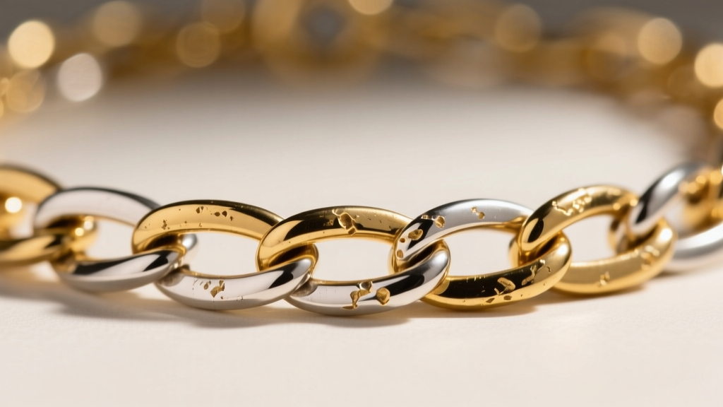 Macro shot of a gold vermeil necklace chain showing wear on links, revealing the sterling silver base metal underneath.