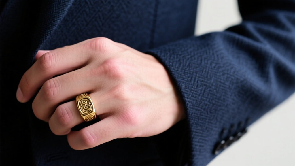Close-up of a hand wearing a 6mm titanium band and a gold signet ring on the pinky, resting on a tailored navy wool suit sleeve