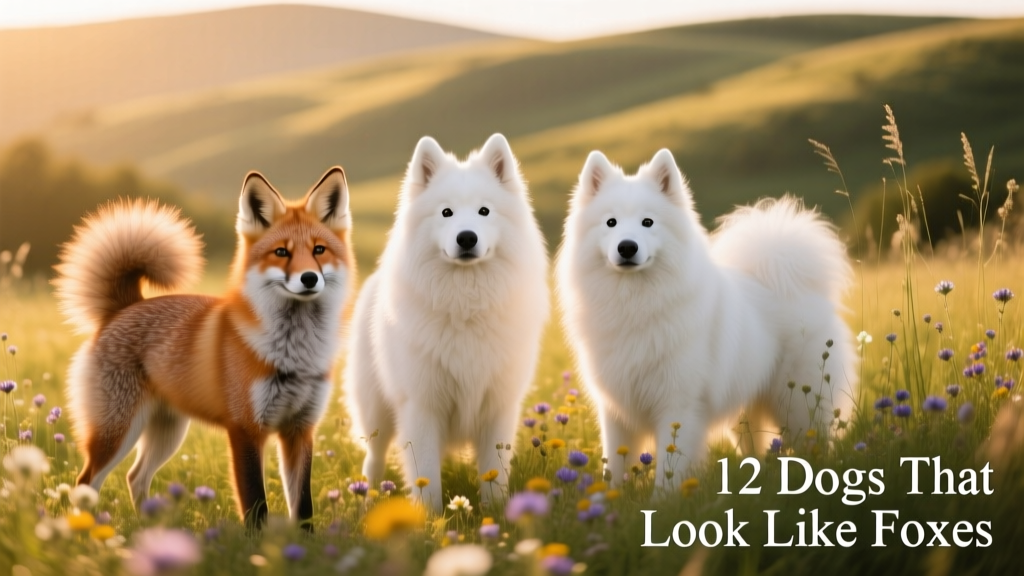 A group of fox-like dogs — including a Finnish Spitz, Icelandic Sheepdog, and American Eskimo — standing together in a sunlit meadow