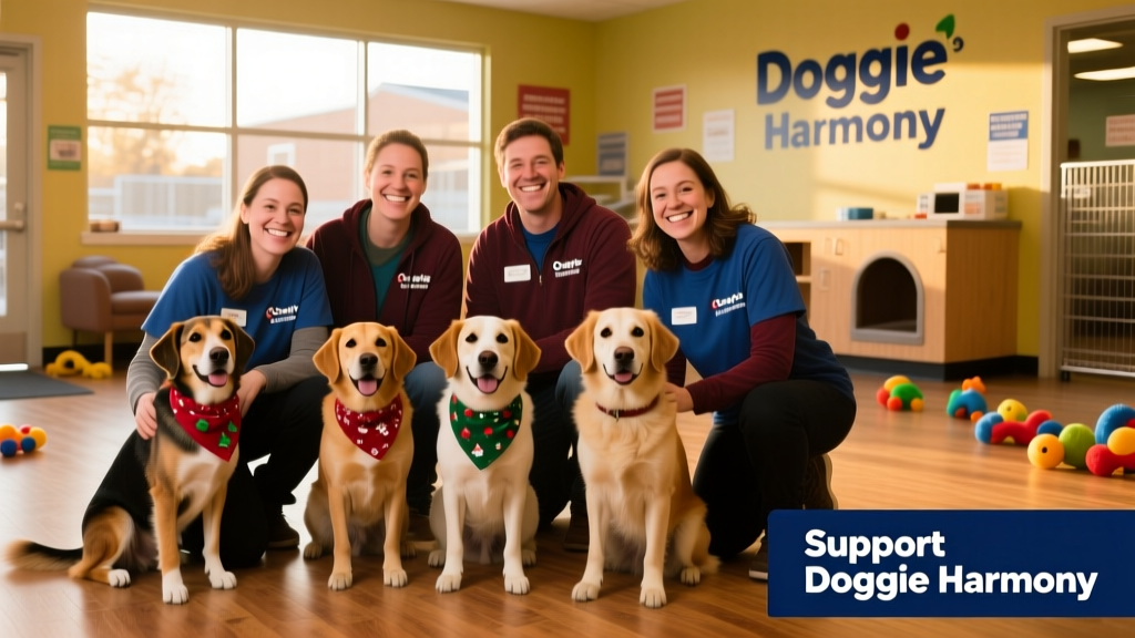 A joyful group photo of volunteers and adoptable dogs at Doggie Harmony's facility