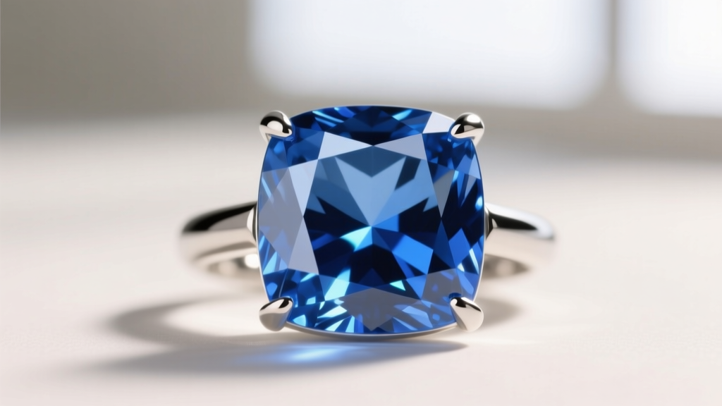 Macro photo of a 12-carat cushion-cut lab-grown blue sapphire in a platinum bezel setting, showing deep cornflower blue saturation