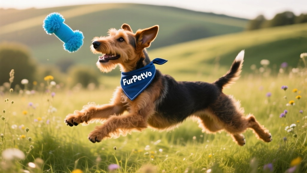 A joyful Airedale Terrier wearing a lightweight FurPetVo bandana, leaping mid-air to catch a bright blue toy in a grassy meadow