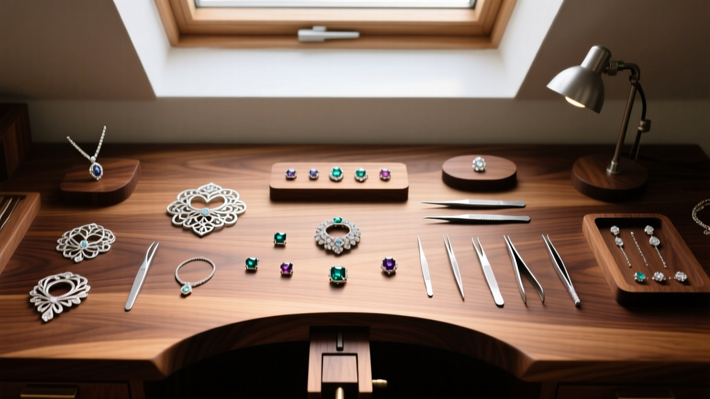 Top-down view of a wooden jeweler's bench holding budget brass pliers, a spool of 20-gauge copper wire, and scattered glass beads.
