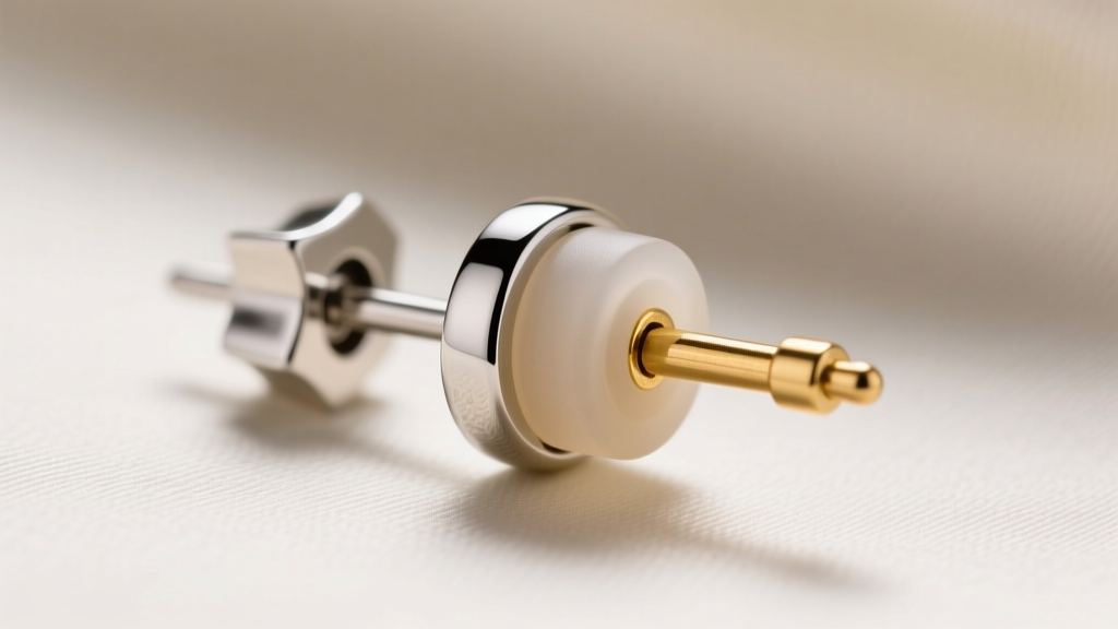 Macro shot of a platinum friction back with silicone insert gripping an 18-gauge gold earring post under soft studio lighting.