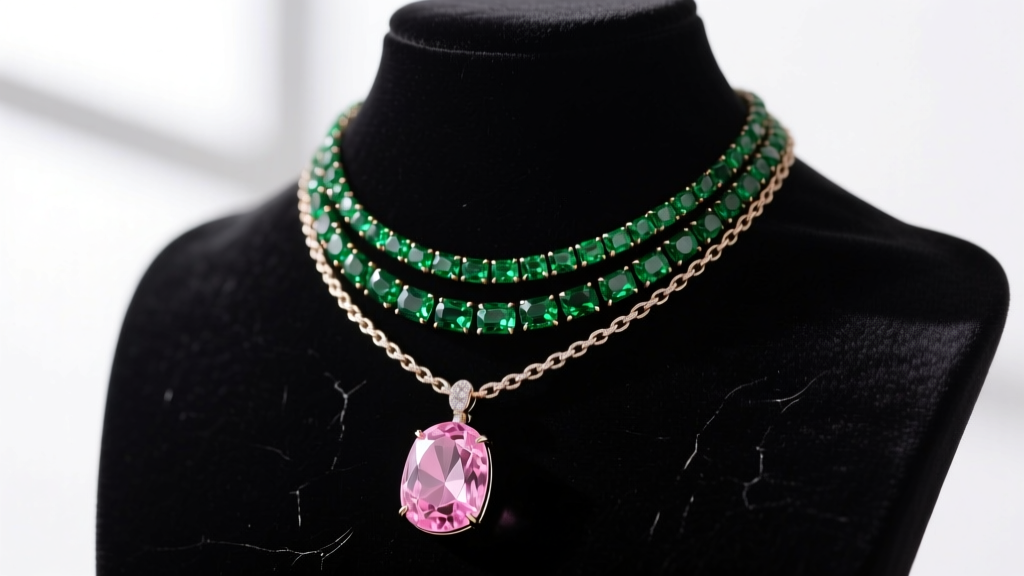 Close-up of a layered necklace stack featuring a pink morganite pendant and a green tsavorite garnet chain on a velvet mannequin