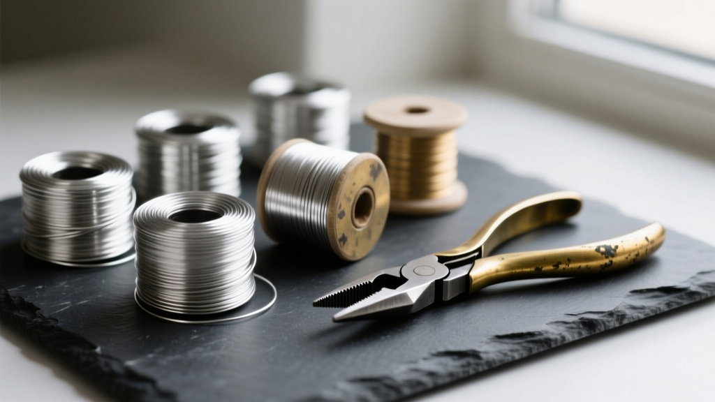 Spools of 20-gauge sterling silver wire for jewelry on dark slate next to a brass jeweler's loupe and red-handled flush cutters