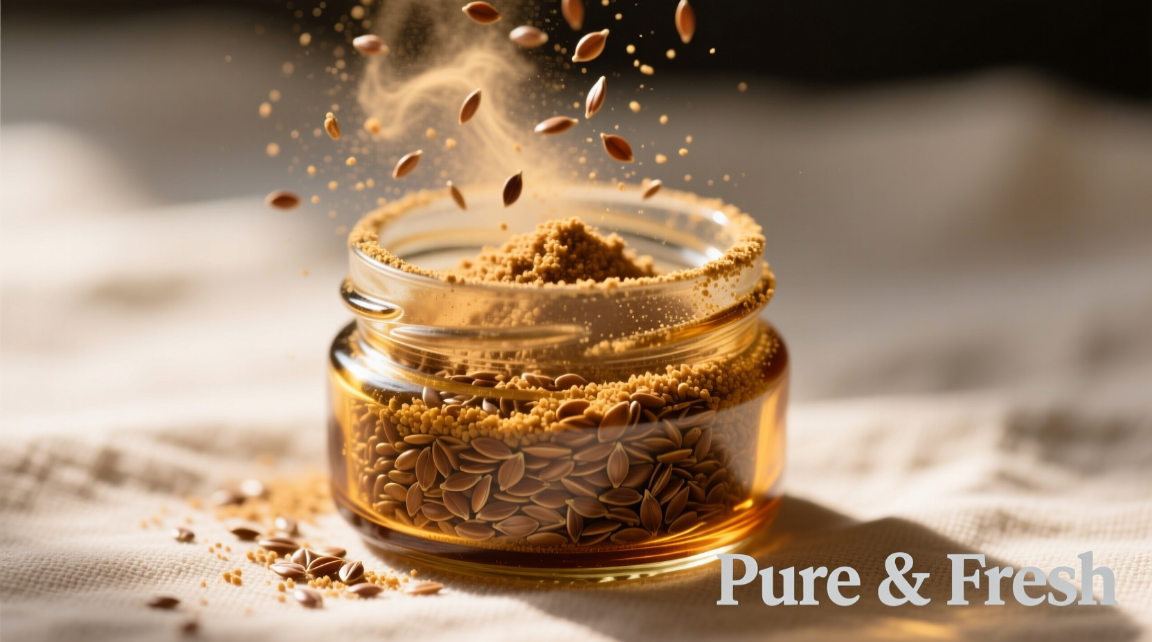 Freshly ground flax seeds in a small glass container