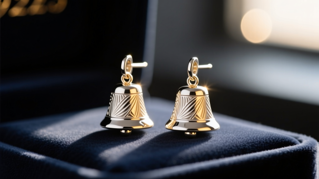 Macro shot of 925 sterling silver bell earrings on velvet, reflecting warm sunlight against a softly blurred dark background.