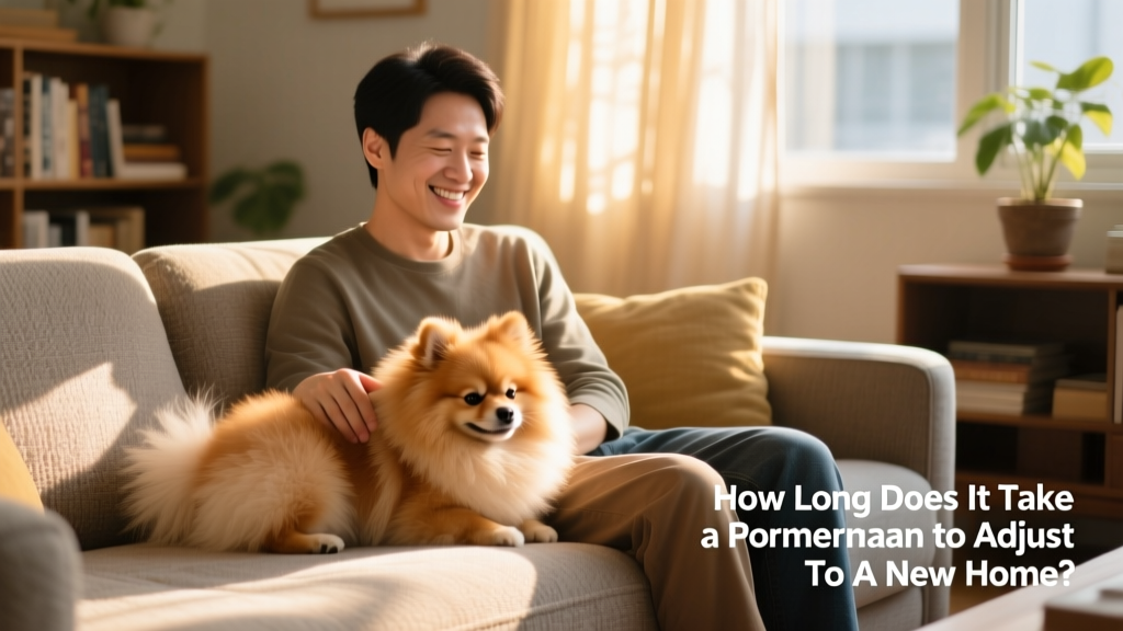 A Pomeranian resting beside a family member on the sofa, both relaxed and comfortable