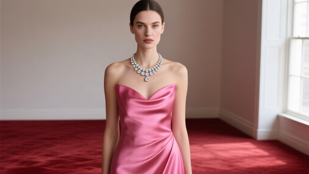 Elegant woman in vibrant pink silk gown wearing sparkling 18k white gold diamond rivière necklace against soft red carpet backdrop