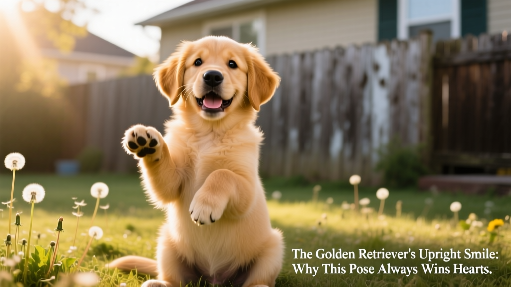 Golden Retriever puppy sitting upright with front paws lifted slightly, ears perked, and a joyful expression