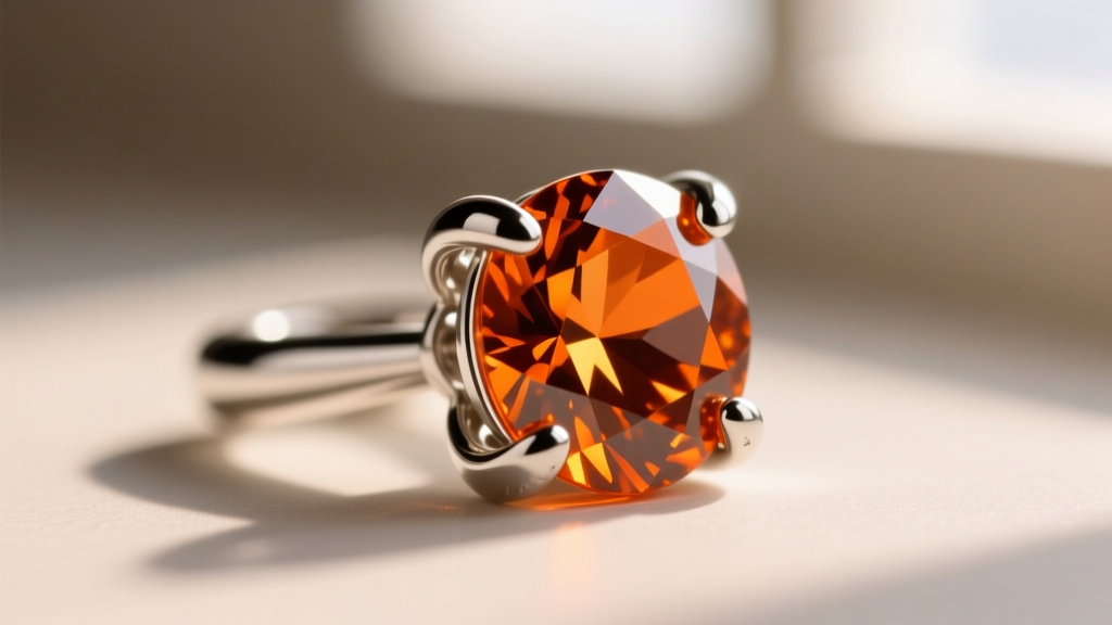 Macro view of a four-prong platinum setting securing an orange sapphire stud earring, revealing precise prong tension and polish.