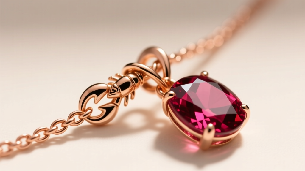 Macro of a 1.2mm rose gold cable chain and lobster clasp holding a rubellite pendant under bright studio light.