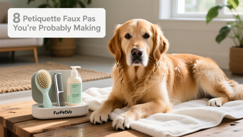 A clean, freshly bathed dog resting on a soft towel beside a FurPetVo grooming kit