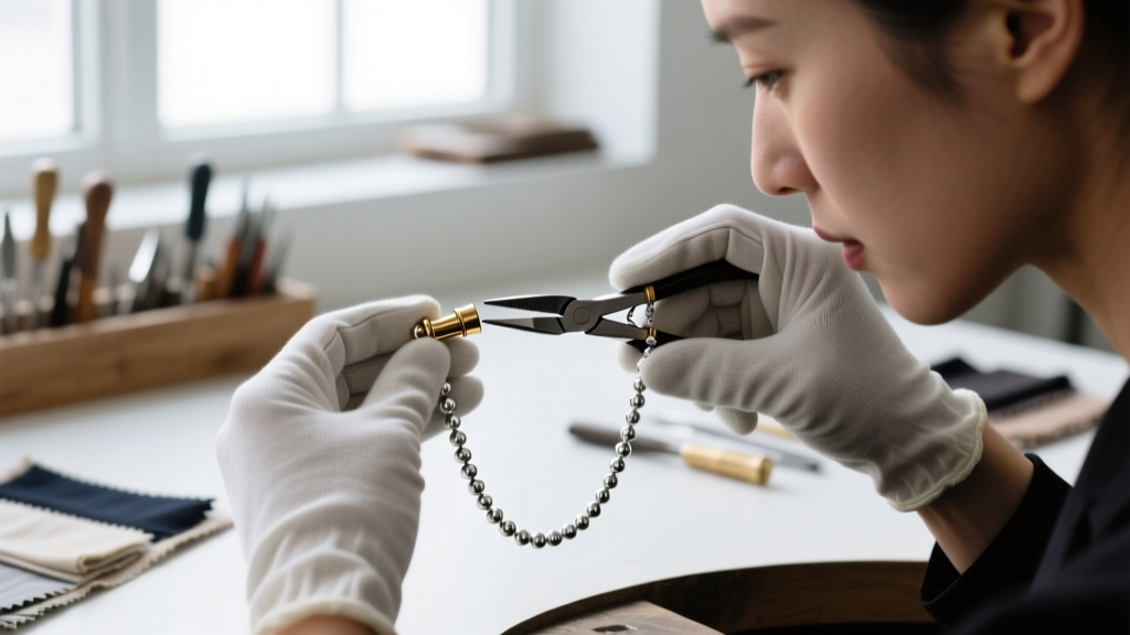Jeweler using flat-nose pliers to gently squeeze a tiny brass connector tube on a broken 2.4mm silver bead chain necklace.