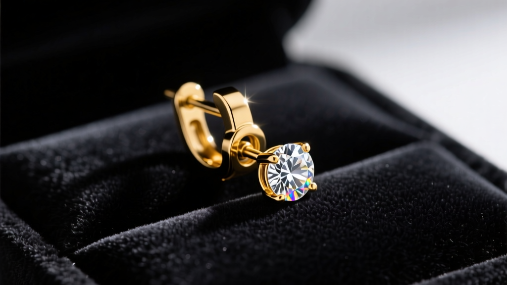 Close-up of a gold-plated friction clip-on earring converter holding a diamond stud, resting on a dark velvet jewelry display.