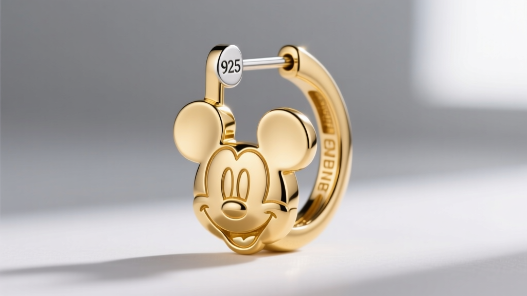 Macro photography of a gold-plated Mickey Mouse huggie earring showing the 925 sterling silver hallmark stamped on the post