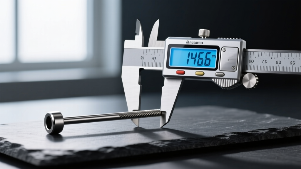 Digital calipers measuring the post length of a 14-gauge titanium straight barbell resting on a dark slate surface in a studio