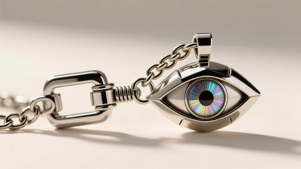 Close-up of a stainless steel box chain clasp attached to a metallic Eye of Agamotto pendant showing the spring ring mechanism