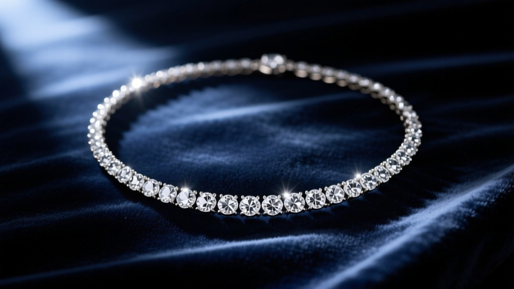 Close-up of a vintage-style diamond riviere necklace resting on dark navy velvet, illuminated by a single dramatic spotlight.
