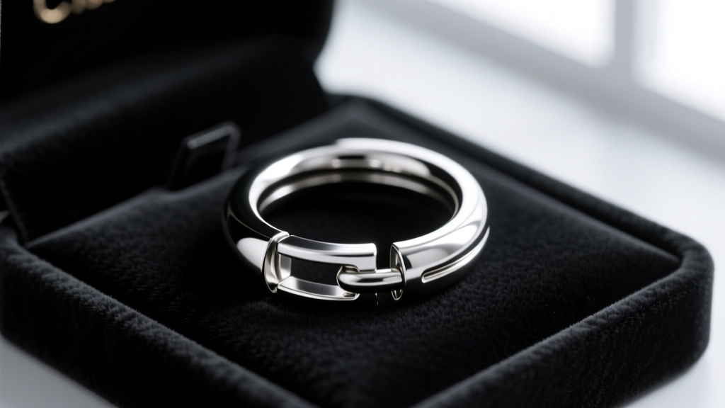 Macro shot of a 16-gauge titanium clicker hoop showing the hinged closure, resting on a dark velvet jewelry display pad