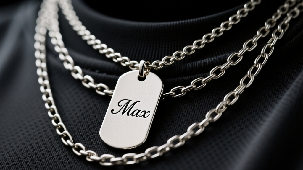Close-up of layered silver chains with a personalized dog tag pendant resting on a dark jersey under soft studio lighting.