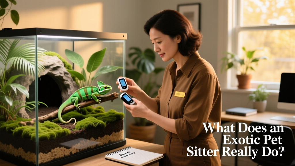 A sitter checking temperature and humidity levels inside a well-organized reptile terrarium