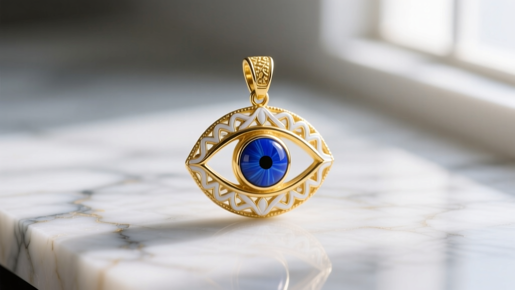 Close-up of an 18k yellow gold Greek eye pendant with vibrant blue lapis lazuli center and white enamel on a marble surface