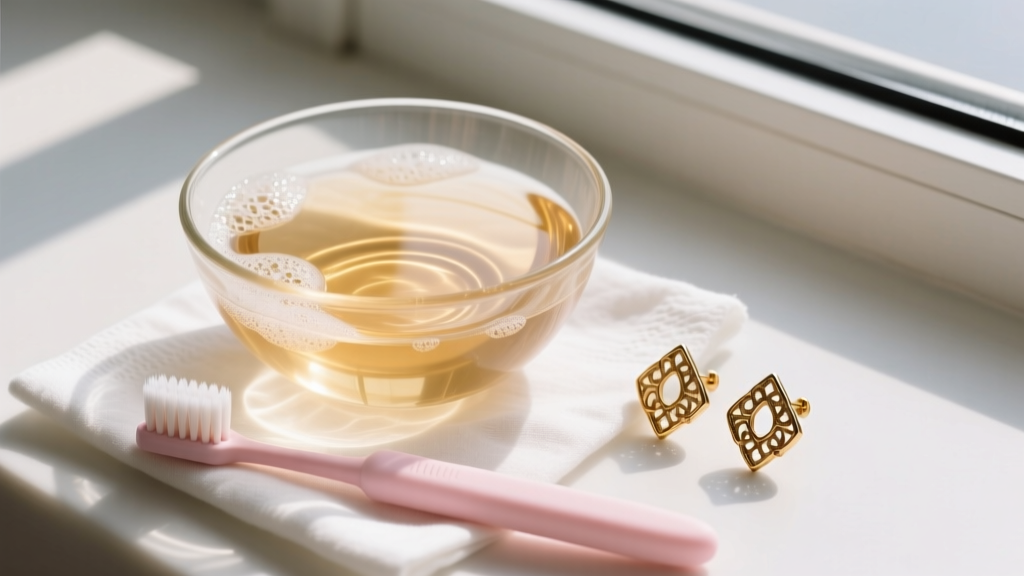 Overhead view of a glass bowl with warm soapy water and a soft baby toothbrush next to tarnished gold-tone fashion stud earrings