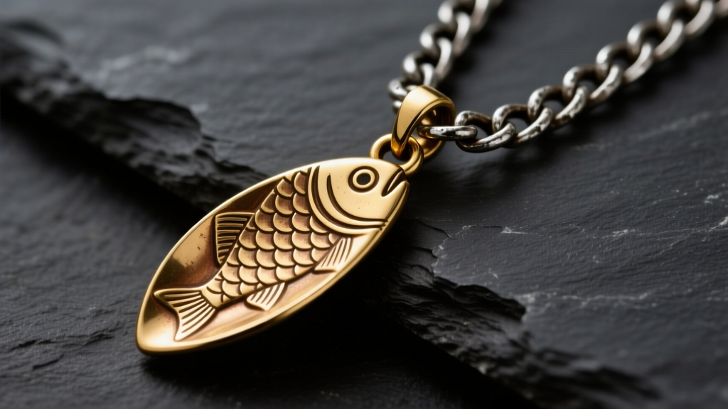 Brass fishing spoon lure pendant on a thick oxidized sterling silver curb chain against dark slate, showing detailed metal texture