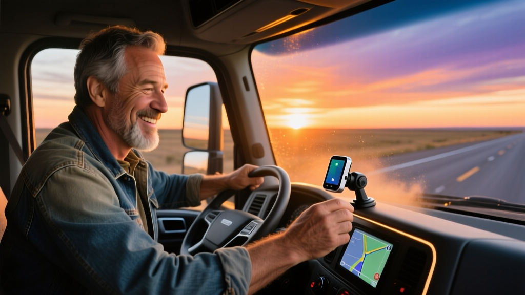 A long-haul trucker smiling while adjusting a smart GPS mount on the dashboard of a modern semi-truck cab at sunset.