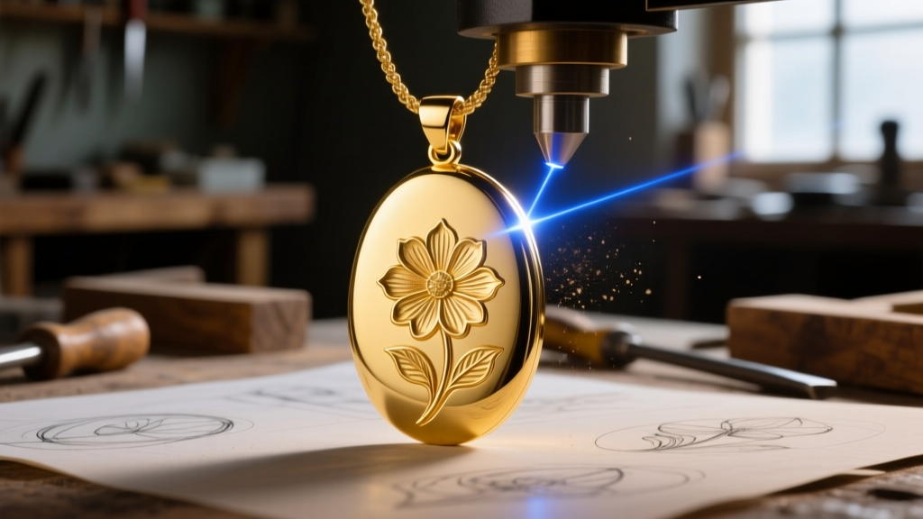 Macro shot of a fiber laser engraving a floral pattern onto a polished 14k yellow gold oval pendant in a dimly lit workshop