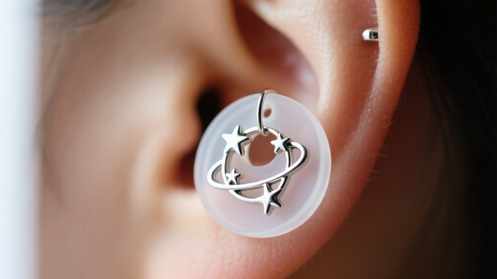 Macro shot of a clear silicone support disc stabilizing a heavy 18-gauge silver celestial earring on a pierced earlobe.
