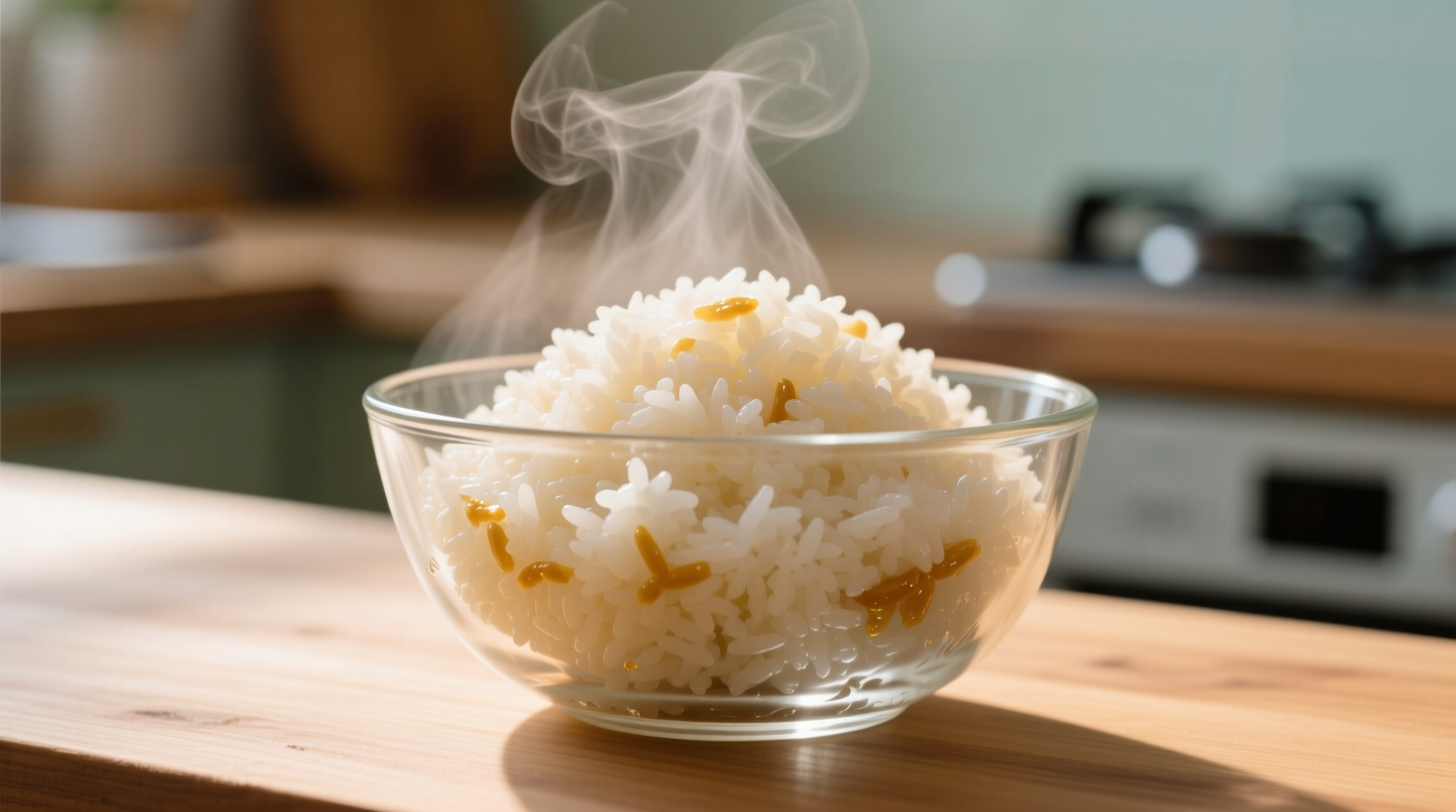 Perfect fluffy microwave rice in glass bowl