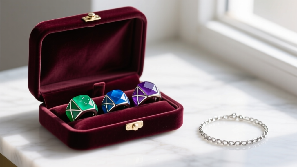 Open velvet anti-tarnish jewelry box with soft pouches holding chunky resin rings and delicate sterling silver chain bracelets.