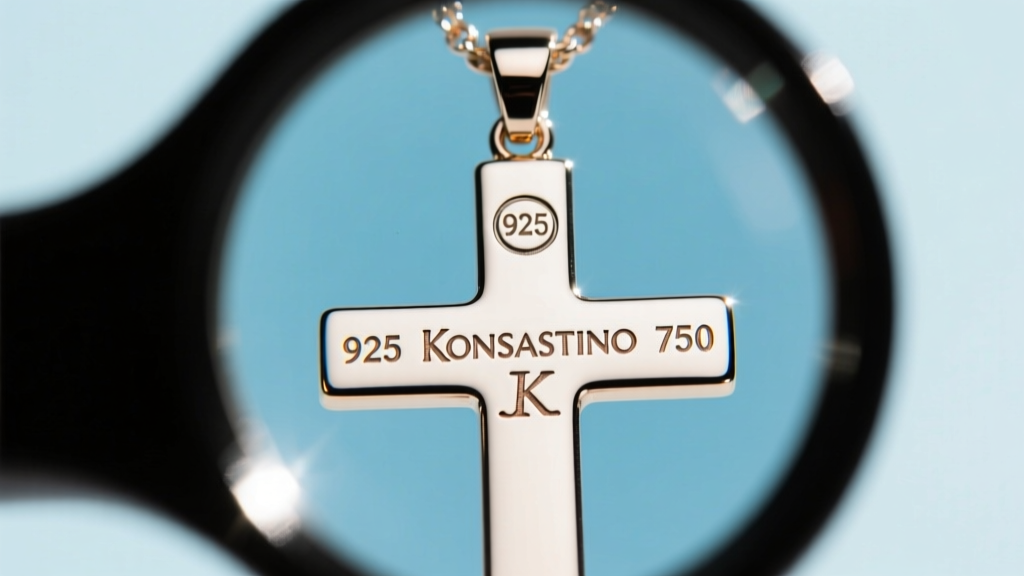 Back of a Konstantino cross pendant showing stamped 925 and 750 hallmarks and brand signature under a bright jewelry loupe.