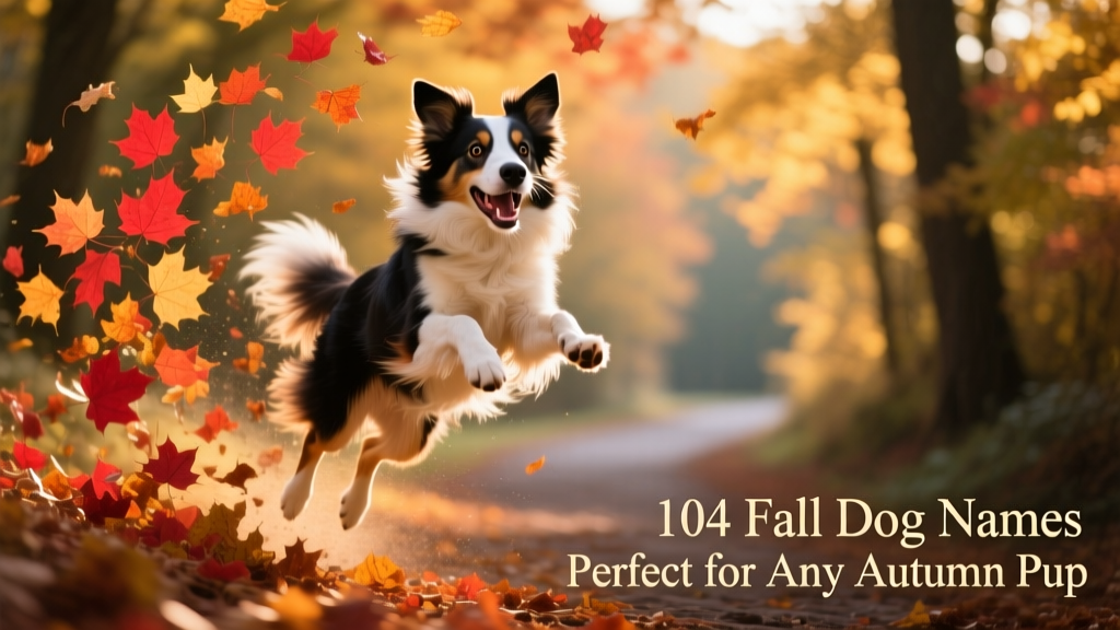 A joyful Border collie mid-leap through a pile of vibrant red, orange, and yellow fall leaves