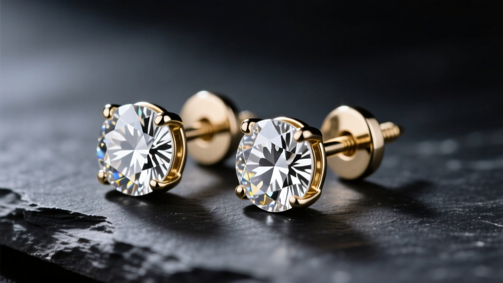 Macro photo of 18k white gold diamond stud earrings with screw back threading on dark slate under soft directional lighting