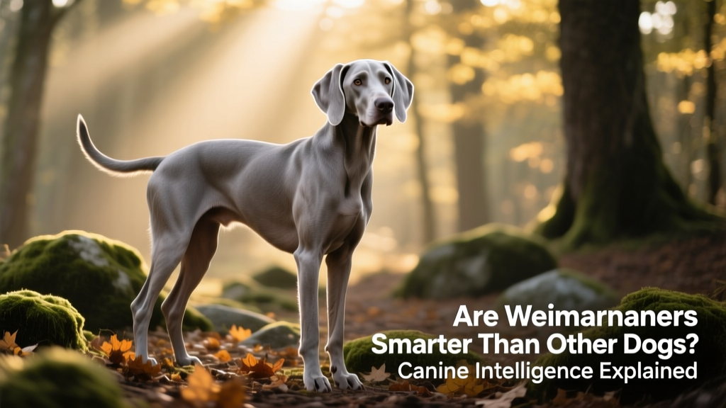 A sleek, silver-gray Weimaraner standing alert in a sunlit forest clearing, ears perked and focused