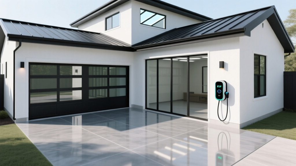 Architectural blueprint of a detached two-car garage with an EV charging station and epoxy floor overlaid on a concrete slab