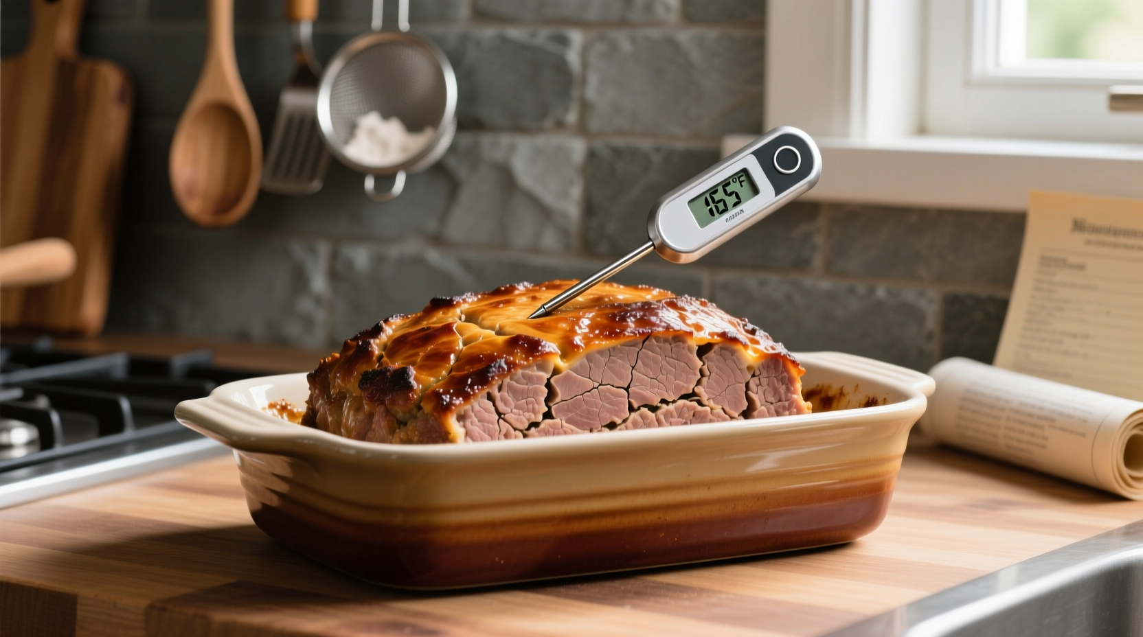 2-pound meatloaf in baking dish with thermometer