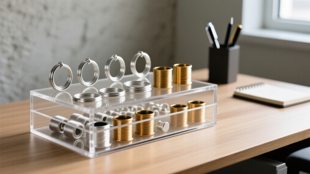 Close-up of a clear acrylic drawer jewelry organizer on a desk, showcasing neatly arranged silver jump rings and brass wire spools